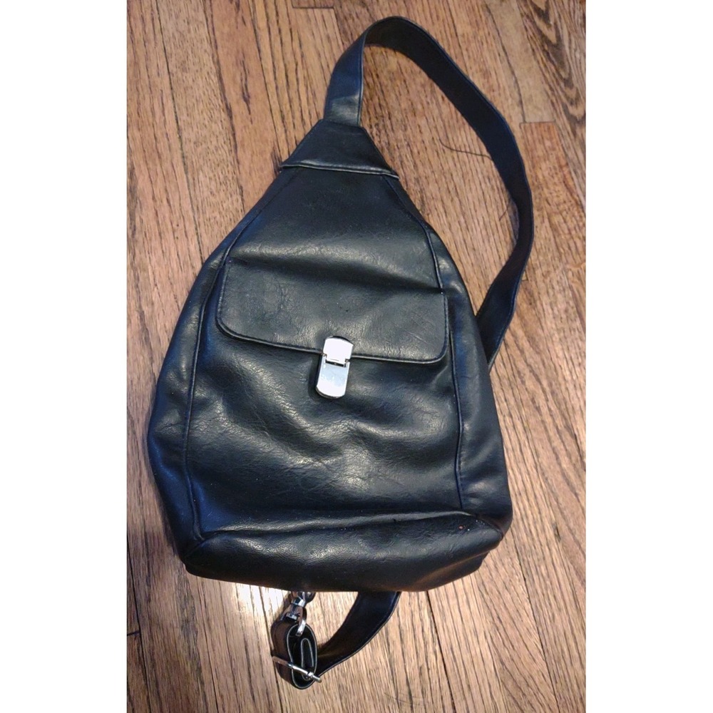 Chateau Black Faux Leather Sling Backpack Teardrop Crossbody Bag Silver Hardware